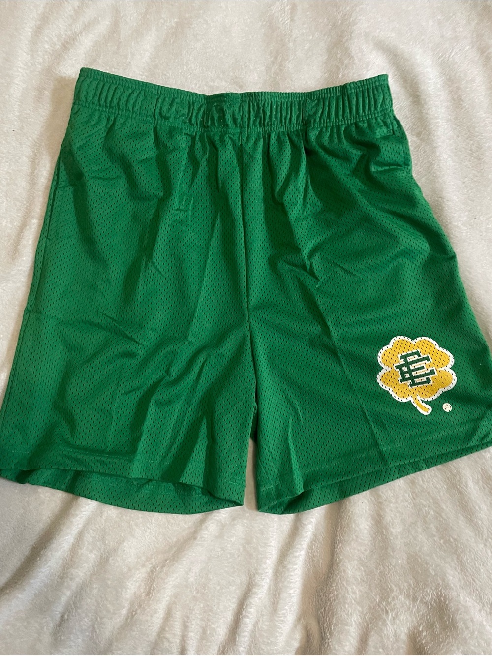 Eric Emanuel Green Mesh Athletic Shorts with Yellow Clover Patch